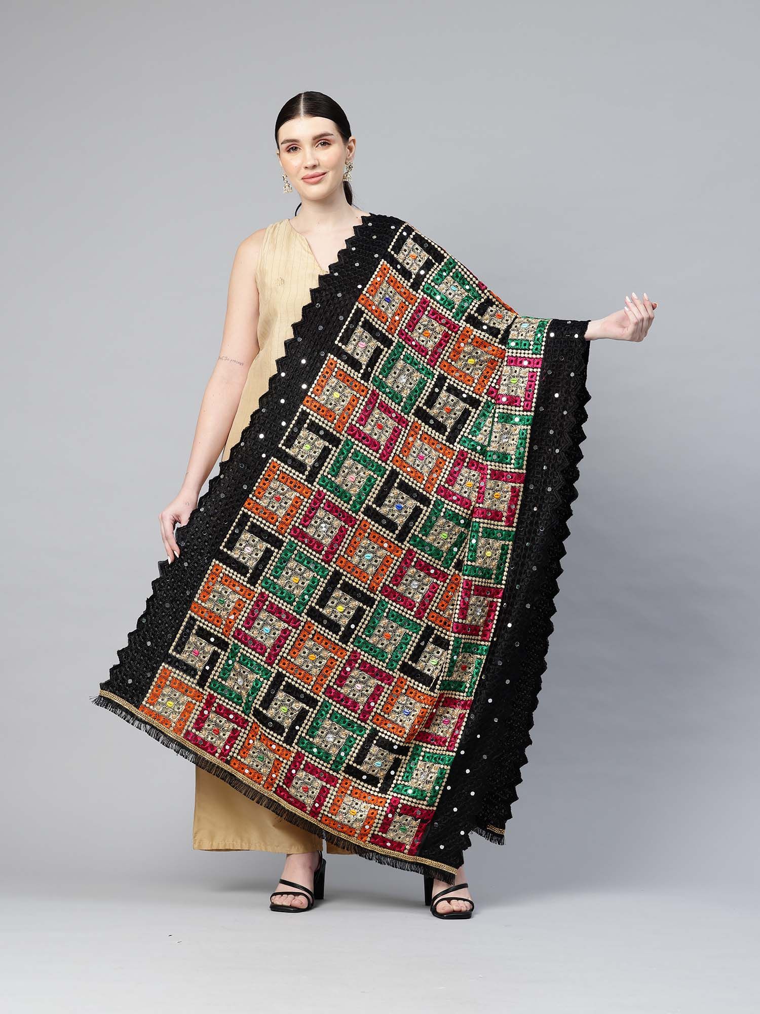 swi stylish Black Heavy Embroidered Mirror Work Phulkari Dupatta-picture-21