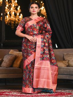 Beatitude - Multicolor Digital Print Soft Blended Silk Saree with Zari Border with Unstitched Blouse