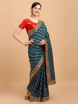 Amrutam Fab - Womens Embroidered Leheria Silk Blend Morpich Saree With Unstitched Blouse Piece