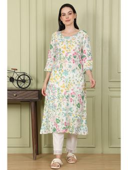 W - Floral and Bird Printed White Straight Kurta with Scalloped Neckline
