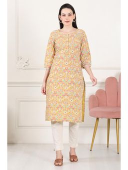 W - Yellow Floral Printed Pure Cotton Straight Kurta