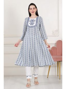 W - Blue Floral Printed Thread Embroidered A-line Rayon Flax Kurta