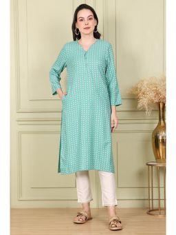 W - Green Glitter Geometric Printed Rayon Straight Kurta