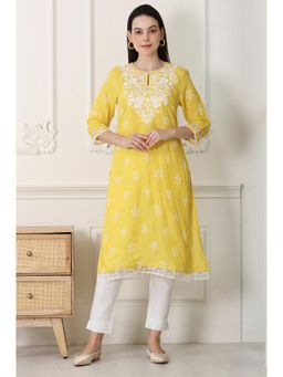W - Yellow Floral Dull Shantung Chikankari Straight Kurta