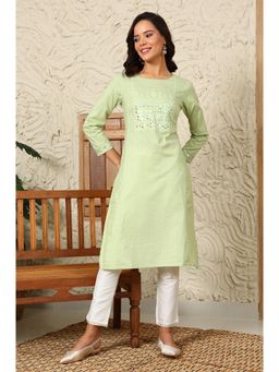 W - Green Mirror Work Pure Cotton Straight Kurta