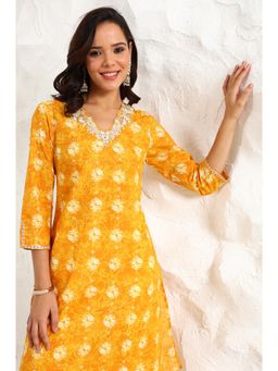 W - Marigold Yellow Floral Printed Metallic Embroidered Neck Cotton Blend Straight Kurta