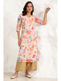 W - Cream Digital Foil Floral Printed Sequined Kota Straight Kurta