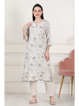 W - Beige Thread Work Linen Straight Kurta with Scalloped Hemline