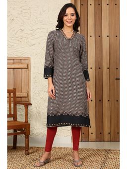 W - Black Geometric Printed Rayon A-line Kurta with Metallic Embroidery on Neck