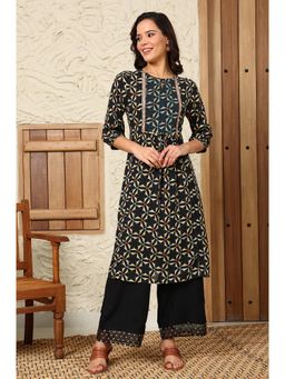 W - Black Geometric Printed Rayon Crepe A-line Kurta with Metallic Embroidery on Yoke