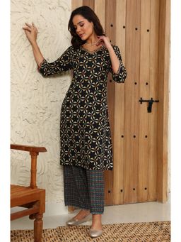 W - Black Geometric Printed V-Neck Rayon Crepe Kurta with Sequin Detailing