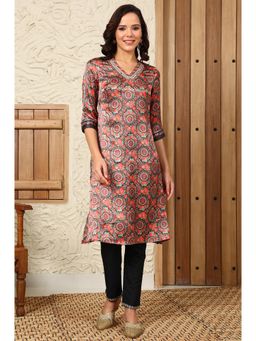 W - Black Floral Printed Embellished Japanese Satin Straight Kurta