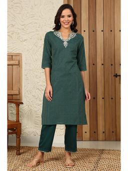 W - Green Yarn-Dyed Embroidered Cotton Flax Straight Kurta with Lurex Stripes