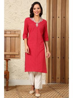 W - Fuchsia Pink Yarn-Dyed Embroidered Cotton Flax Straight Kurta with Lurex Stripes