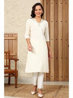 W - Yarn-Dyed White Embroidered Cotton Flax Straight Kurta with Lurex Stripes