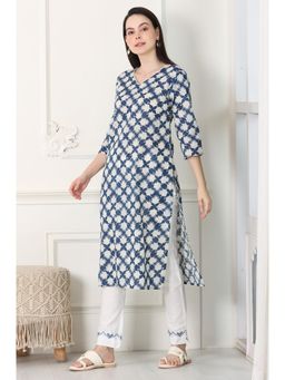 W - Indigo Blue Floral Printed Cotton Blend Straight Kurta