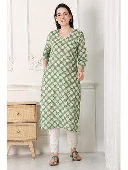 W - Green Floral Printed Cotton Blend Straight Kurta
