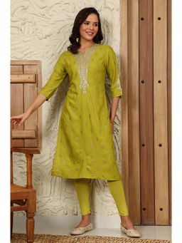 W - Celery Green Glitter Embellished Straight Kurta with Dori Embroidery on Yoke