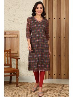 W - Green Geometric Printed Chiffon Straight Kurta with Sequined Neckline