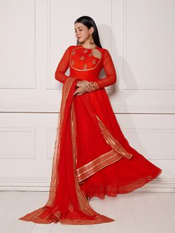NUD - Tropical Tangerine Crescent Maxi Dress with Dupatta (Set of 2)
