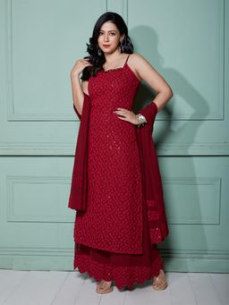 NUD - Rosewood Maroon Schiffli Kurta with Pant and Dupatta (Set of 3)