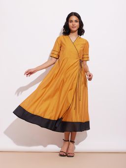 Pink Fort - Chanderi Solid Wrap Dress- Mustard