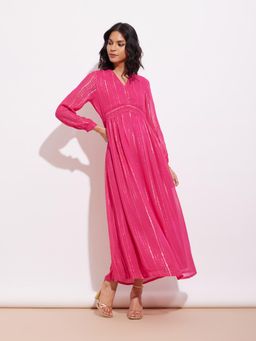 Pink Fort - Fort Georgette Lurex Gold Striped Dress - Fuchsia