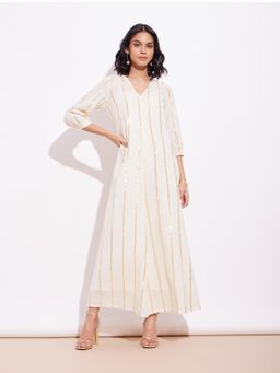 Pink Fort - Cotton Lurex Gold Striped Dress - Off-White