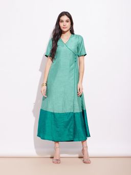 Pink Fort - Silk Blend Colourblock Wrap Dress - Teal