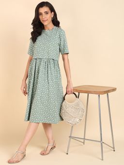 Zelena - Women Cotton Floral Zipless Maternity Feeding Dress Green