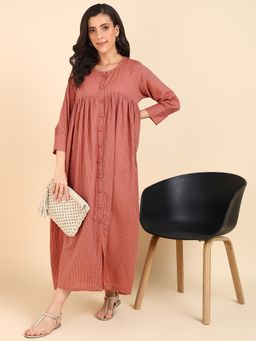 Zelena - Women Stripes Maternity Feeding Maxi with Button & Pockets Pink