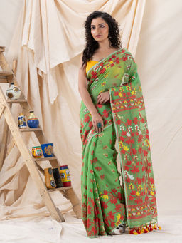 Angoshobha - Traditional Green Soft Dhakai Jamdani Saree with Unstitched Blouse