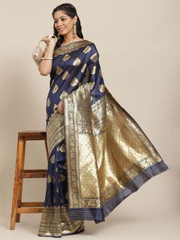 ISHIN - Womens Art Silk Navy Blue Woven Design Banarasi Saree with Unstitched Blouse