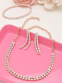 Zaveri Pearls - Rose Gold Cubic Zirconia 2 Strands Necklace Earring and Bracelet Set-ZPFK12571