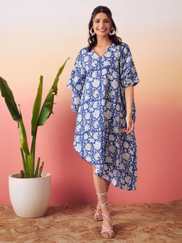 Stories Of Dori - Blue & White Assymetrical Kaftan Dress