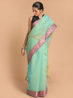 Indethnic - Banarasi Sea Green Solid Party Wear Saree With Unstitched Blouse