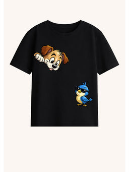 BLUSHES - Cotton Knit Dog and Bird Printed T-Shirt Black
