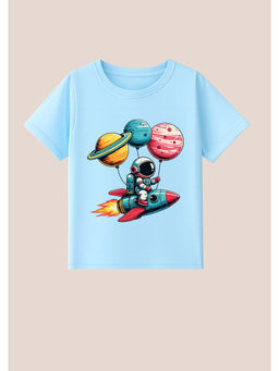 BLUSHES - Cotton Knit Earth Space Boy Printed T-Shirt Blue