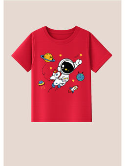BLUSHES - Cotton Knit Earth Space Boy Printed T-Shirt Red