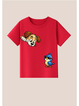 BLUSHES - Cotton Knit Dog and Bird Printed T-Shirt Red