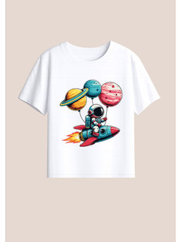 BLUSHES - Cotton Knit Earth Space Boy Printed T-Shirt White