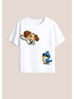 BLUSHES - Cotton Knit Dog and Bird Printed T-Shirt White