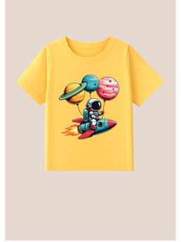 BLUSHES - Cotton Knit Earth Space Boy Printed T-Shirt Yellow