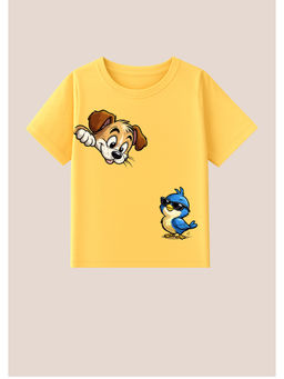 BLUSHES - Cotton Knit Dog and Bird Printed T-Shirt Yellow