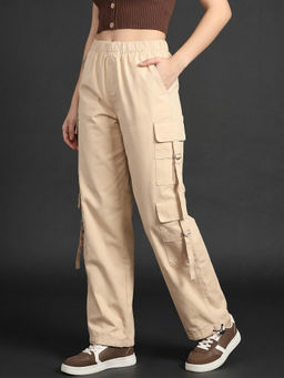 JUNEBERRY - Beige Solid Woven Straight Fit Trouser