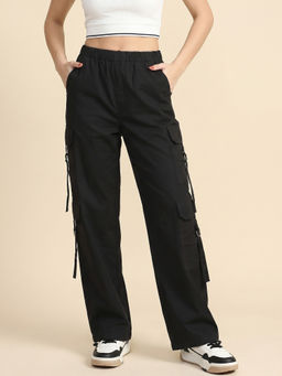JUNEBERRY - Black Solid Woven Straight Fit Trouser