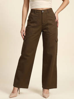 JUNEBERRY - Brown Solid Woven Straight Fit Trouser