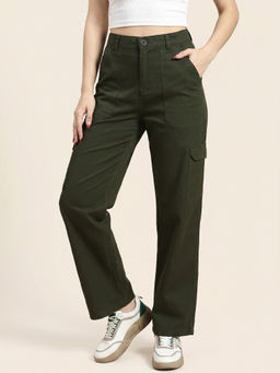 JUNEBERRY - Olive Solid Woven Straight Fit Trouser