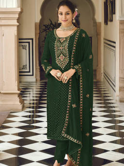 Odette - Dark Green Sequined Embroidered Georgette Semi Stitched Dress Material (Set of 3)