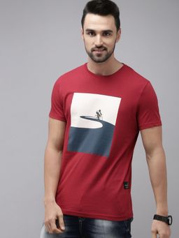 The Bear House - Men Red & Blue Printed Pure Cotton T-shirt